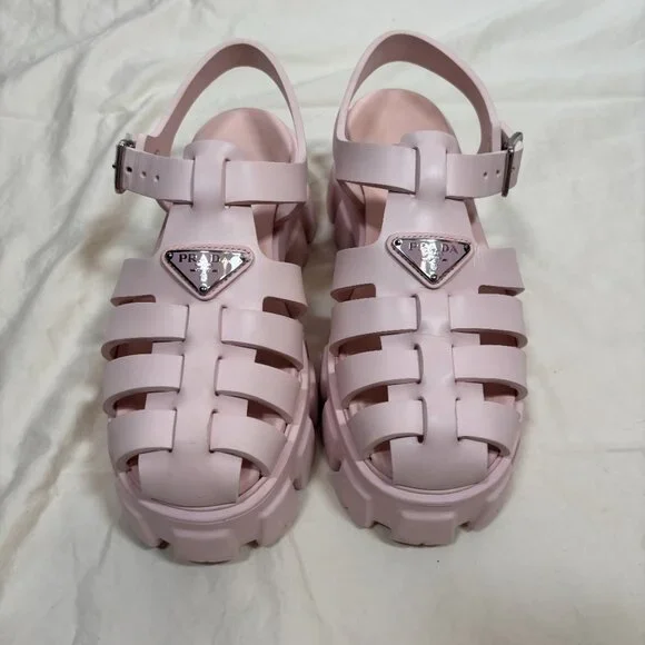 Prada Womens Monolith Rubber Cage Sandals Baby Pink Platform Slingback Size 38 - Picture 2 of 10